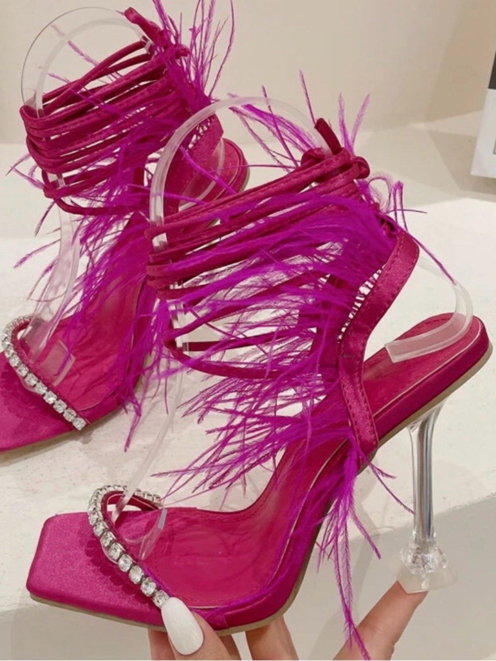 Mixx Shuz Fuchsia Feather Rhinestone Lucite Heel Sandals